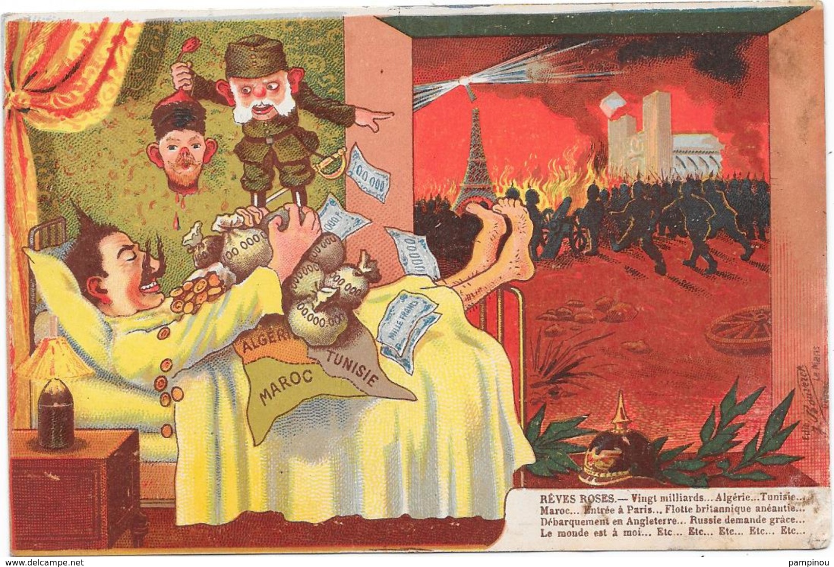 Cpa GUERRE 14/18 - Dessin, Caricature De GUILLAUME II Dans Son Lit " Rèves Roses " - Guerre 1914-18