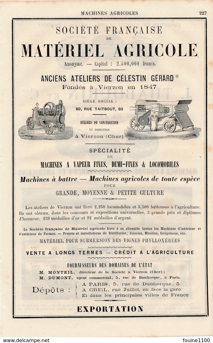 PUB 1881 Matériel Agricole Moissonneuse Locomobile Célestin Gérard à Vierzon Manufacture De Machines à Coudre Thabourin - 1800 – 1899