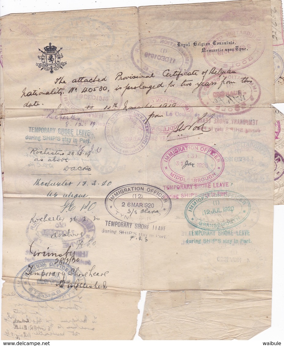 Certificat Identité Ausweis Marin Belge Nombreux Cachets UK Immigration Laissez Passer 1917/1920 - Documents Historiques