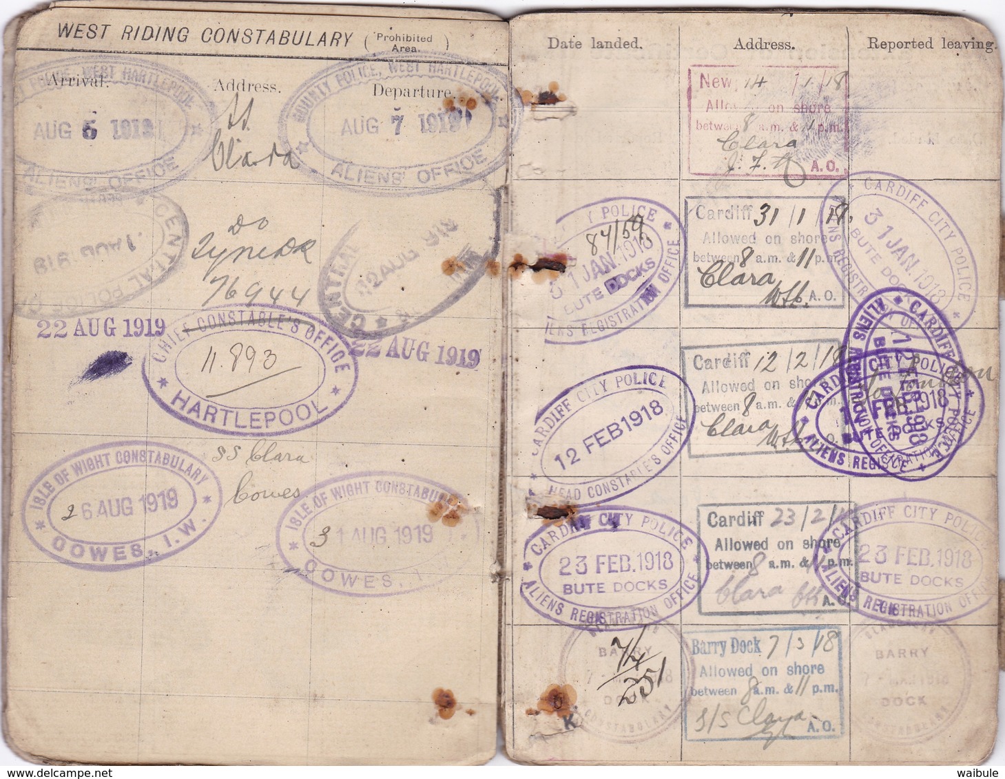 carnet identité ausweis marin belge nombreux cachets griffe UK immigration laissez passer 1915/1919