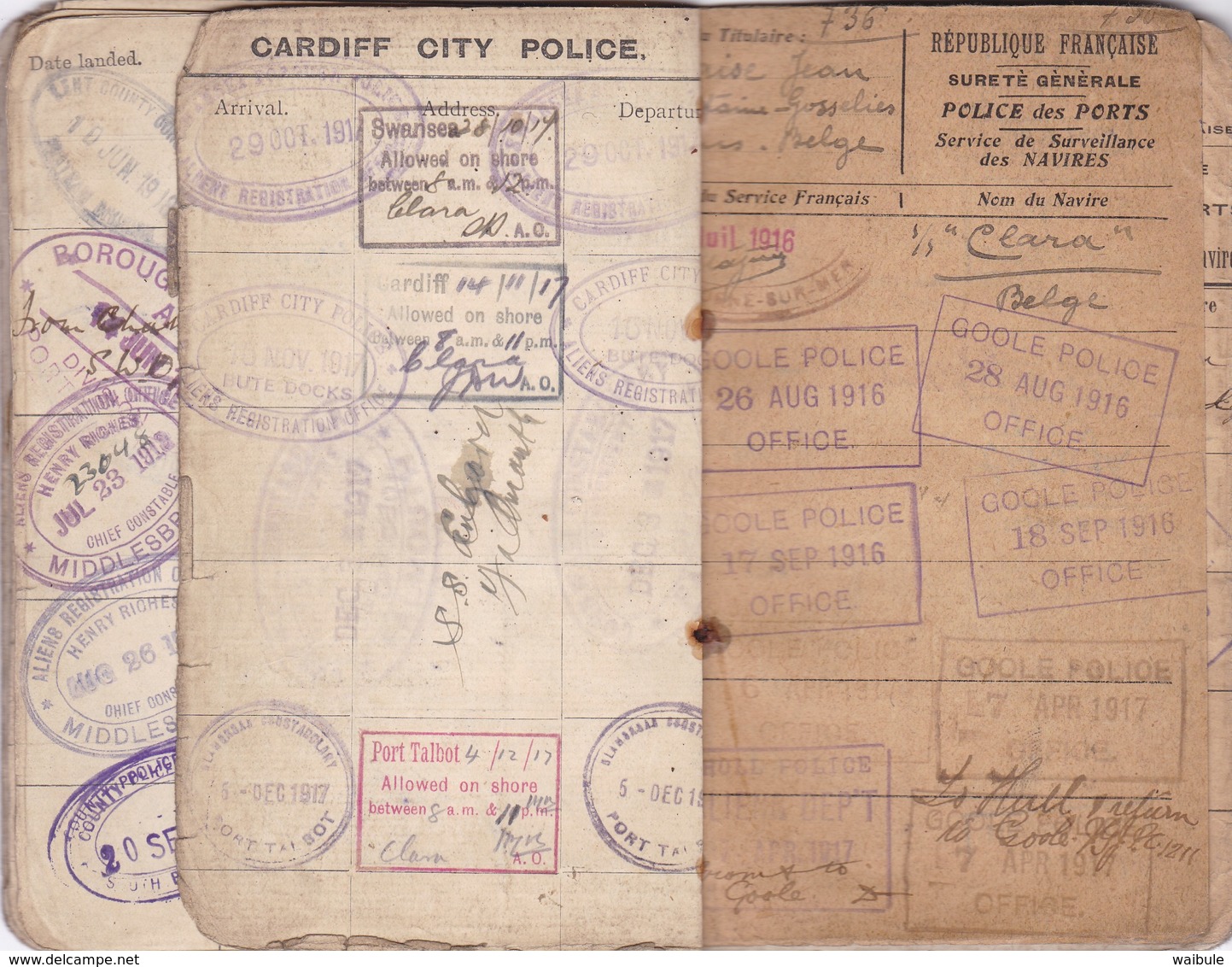 carnet identité ausweis marin belge nombreux cachets griffe UK immigration laissez passer 1915/1919