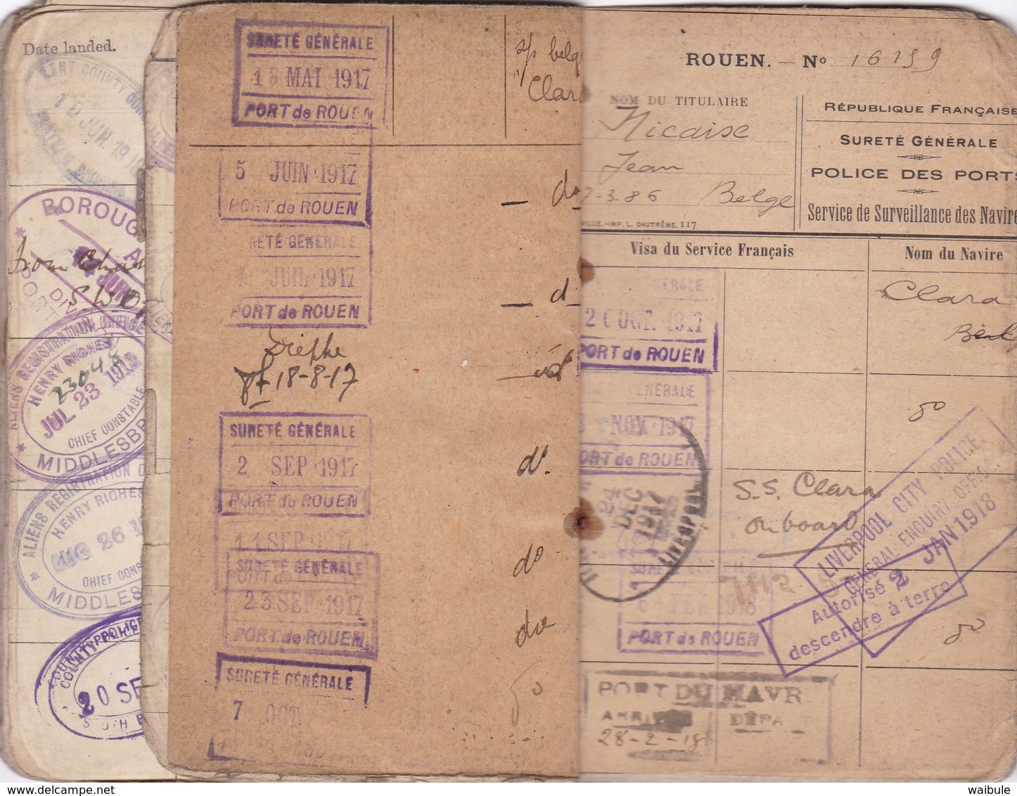 carnet identité ausweis marin belge nombreux cachets griffe UK immigration laissez passer 1915/1919