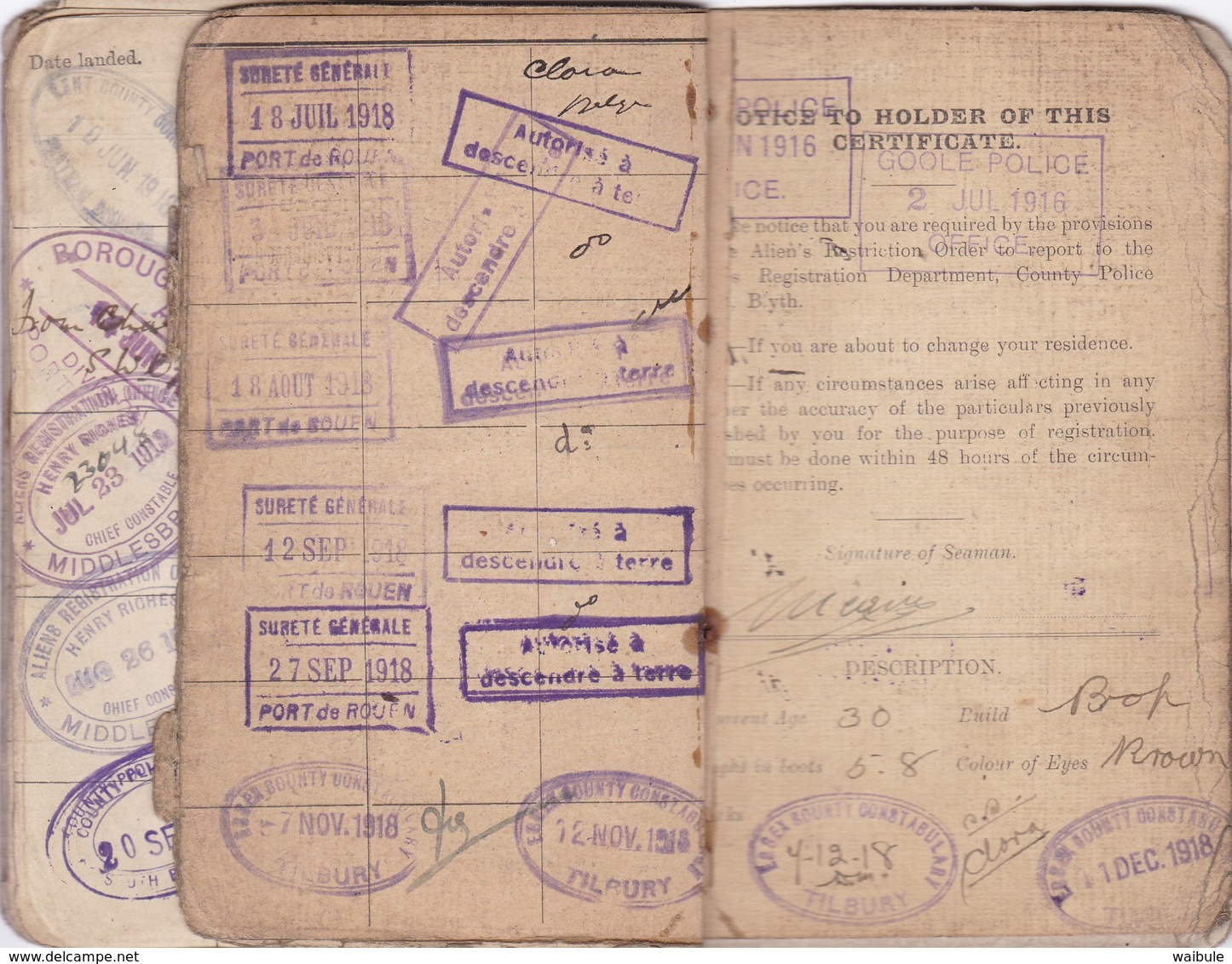 carnet identité ausweis marin belge nombreux cachets griffe UK immigration laissez passer 1915/1919