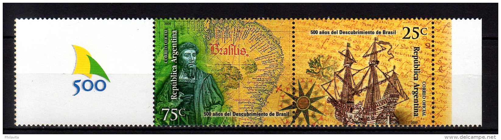 2000 Argentina - 500 Years Of Brazil Discovery By Pero Vaz De Caminha- Pair W Coupon MNH** MiNr. 2569 - 2570 (kk) Ship - Ungebraucht