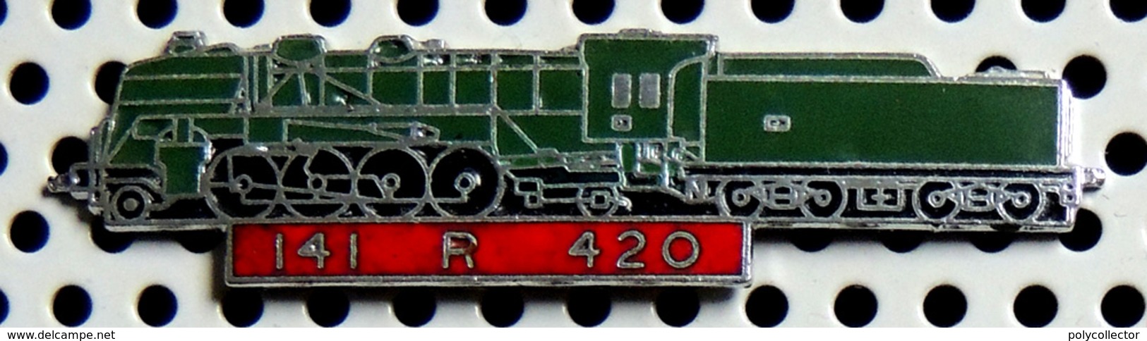 1 Pin's Double Attache Locomotive à Vapeur 141 R 420 émail Vert Métal Chromé Cartouche Rouge - TGV