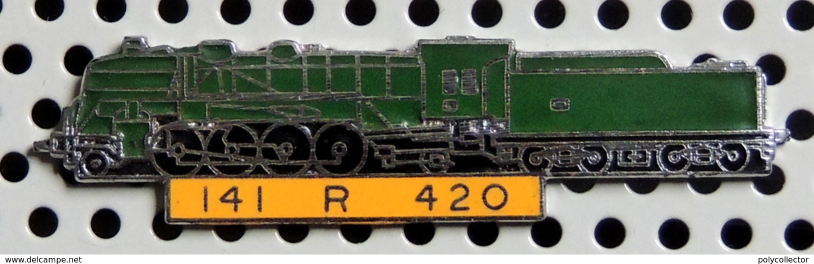 1 Pin's Double Attache Locomotive à Vapeur 141 R 420 émail Vert Métal Chromé Cartouche Jaune - TGV