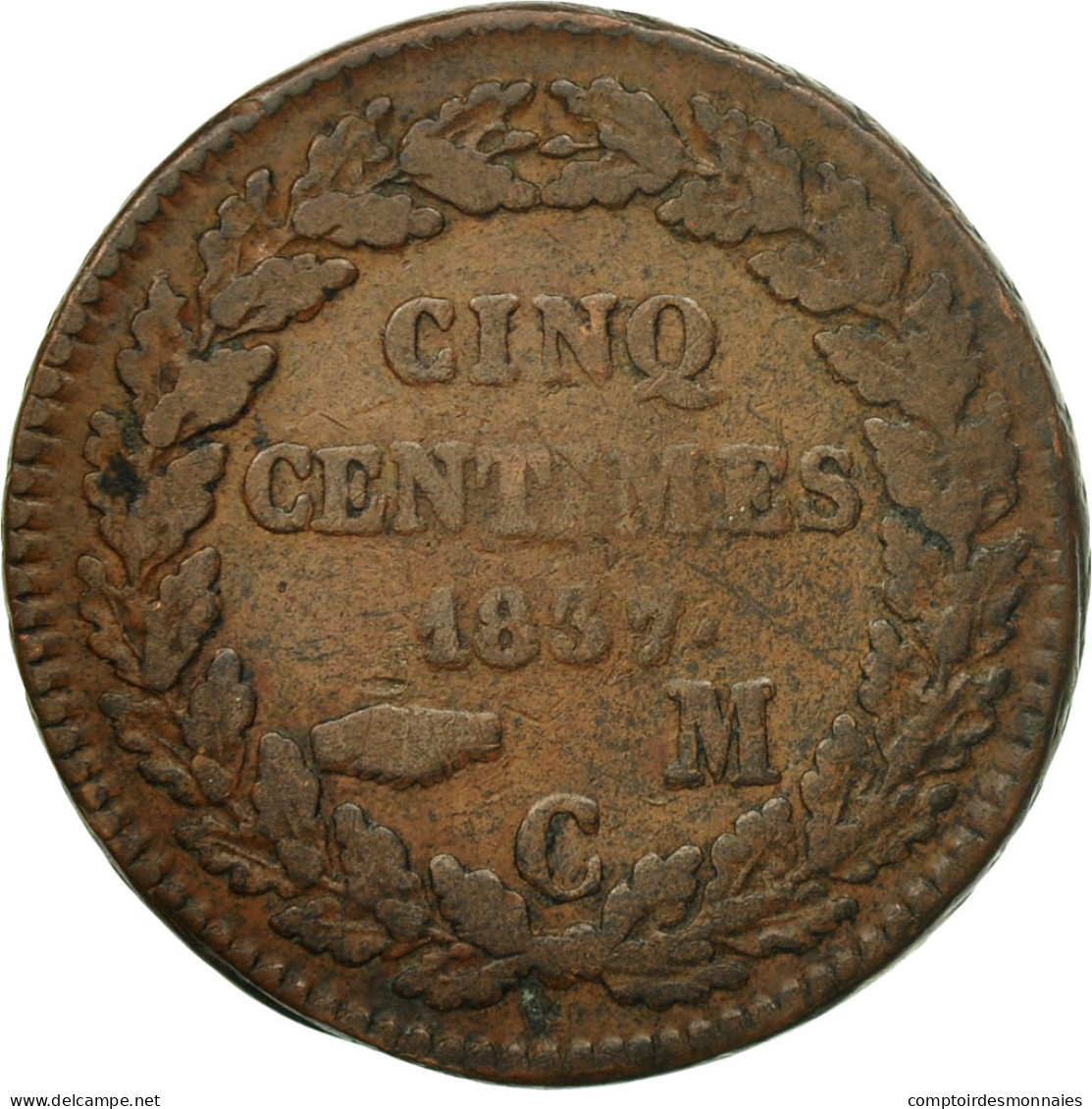 Monnaie, Monaco, Honore V, 5 Centimes, Cinq, 1837, Monaco, TB, Cuivre, KM:95.2a - 1819-1922 Honoré V, Charles III, Albert I
