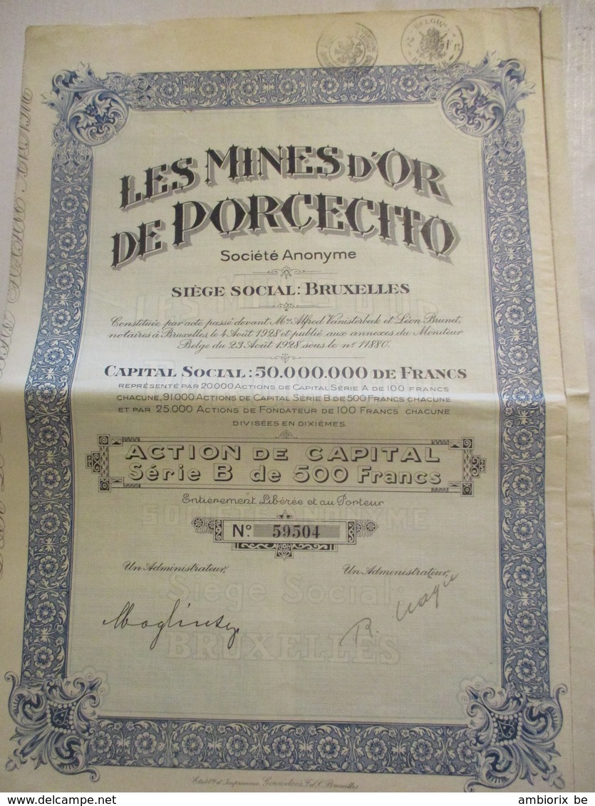 Mines D'or De Porcecito - Action De Capital Série B De 500 Francs - Mijnen