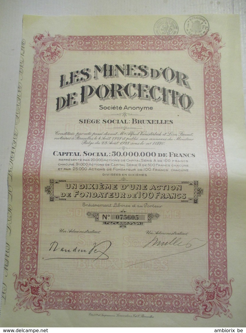 Mines D'or De Porcecito - Un Dixième D'une Action De Fondateur De 100 Francs - Mijnen