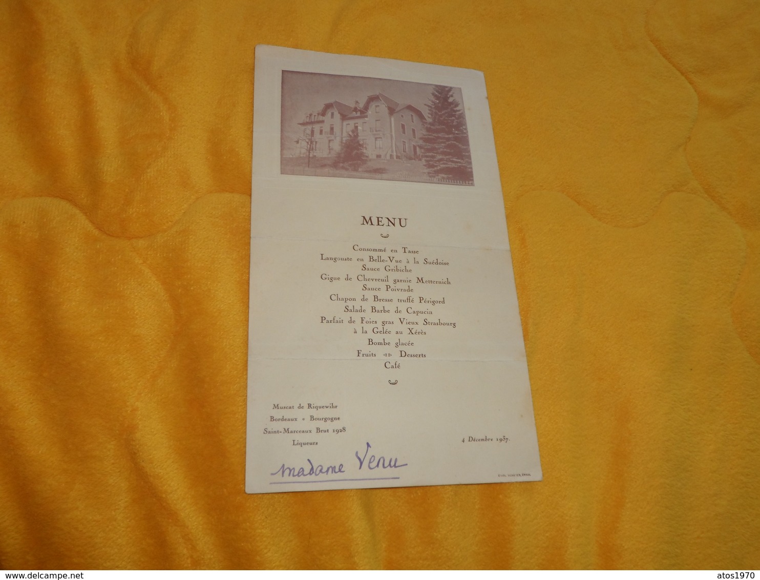 MENU ANCIEN DE 1937. ANOTATION AU DOS MARIAGE DU LIEUTENANT....A LEPANGES VOSGES... - Menú