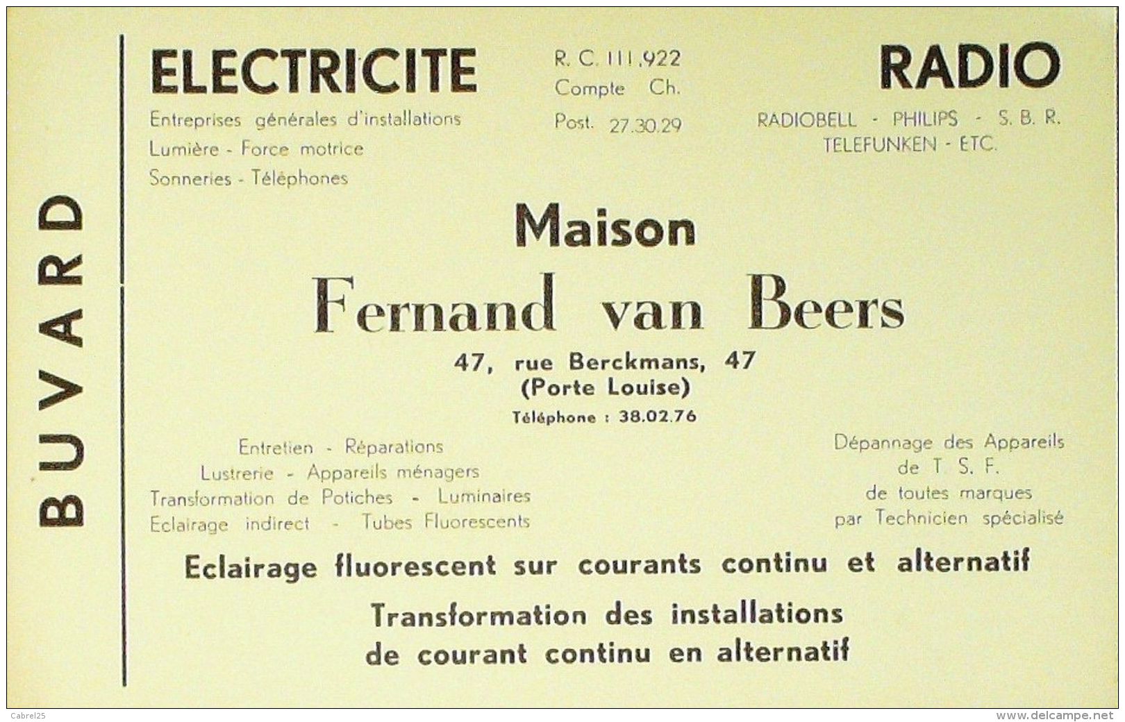 BUVARD ANCIEN-ELECTRICITE-MAISON FERNAND VAN BEERS-BRUXELLES-52-1929 - Electricité & Gaz