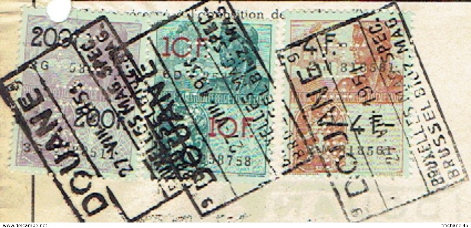 Dokument TAXE DE TRANSMISSION Met Drie Fiscale Zegels Met Firmaperforatie (perfin) "FHcie" Van F. HALBART & Cie - 1934-51