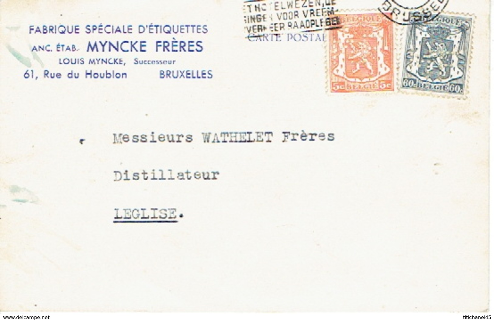 419 + 527 Op PK Met Firmaperforatie (perfin) "MF" Van MYNCKE FRERES" Met Stempel BRUSSEL 1946 - 1934-51