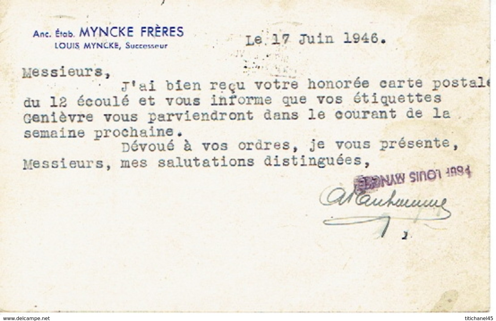 419 + 527 Op PK Met Firmaperforatie (perfin) "MF" Van MYNCKE FRERES" Met Stempel BRUSSEL 1946 - 1934-51