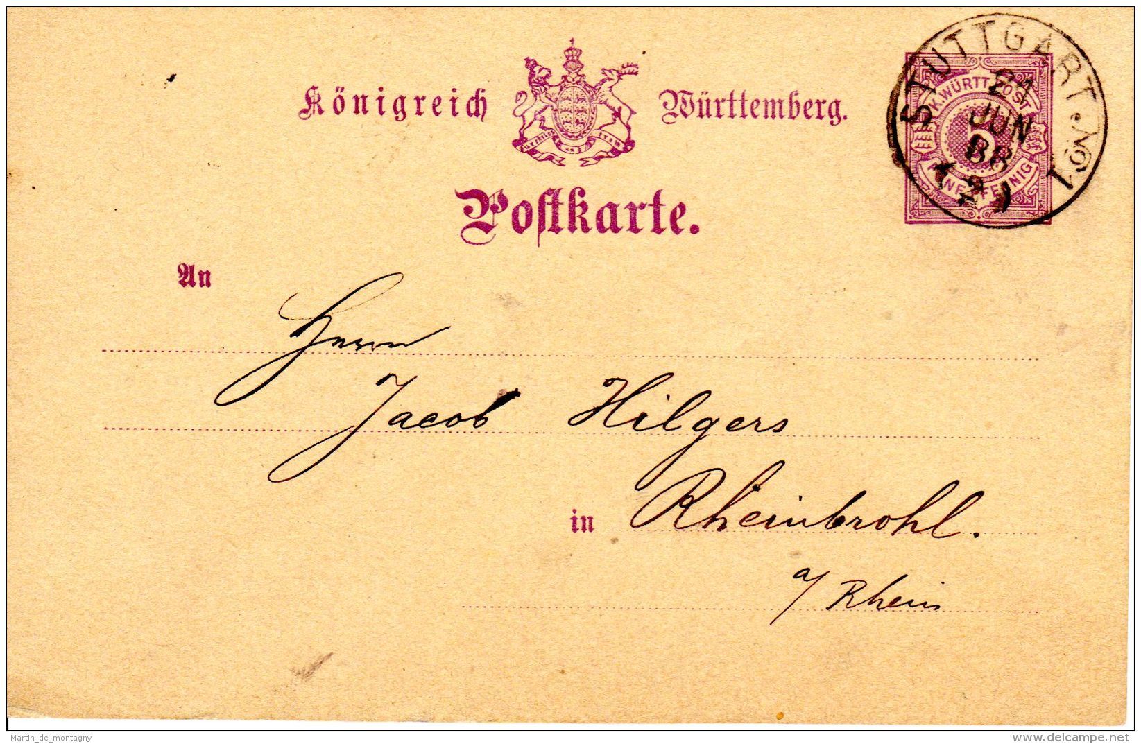 21 Juin 1888; Carte Postale Entier De Stuttgart Vers Rheinbrohl, Lot 47559 - Autres & Non Classés