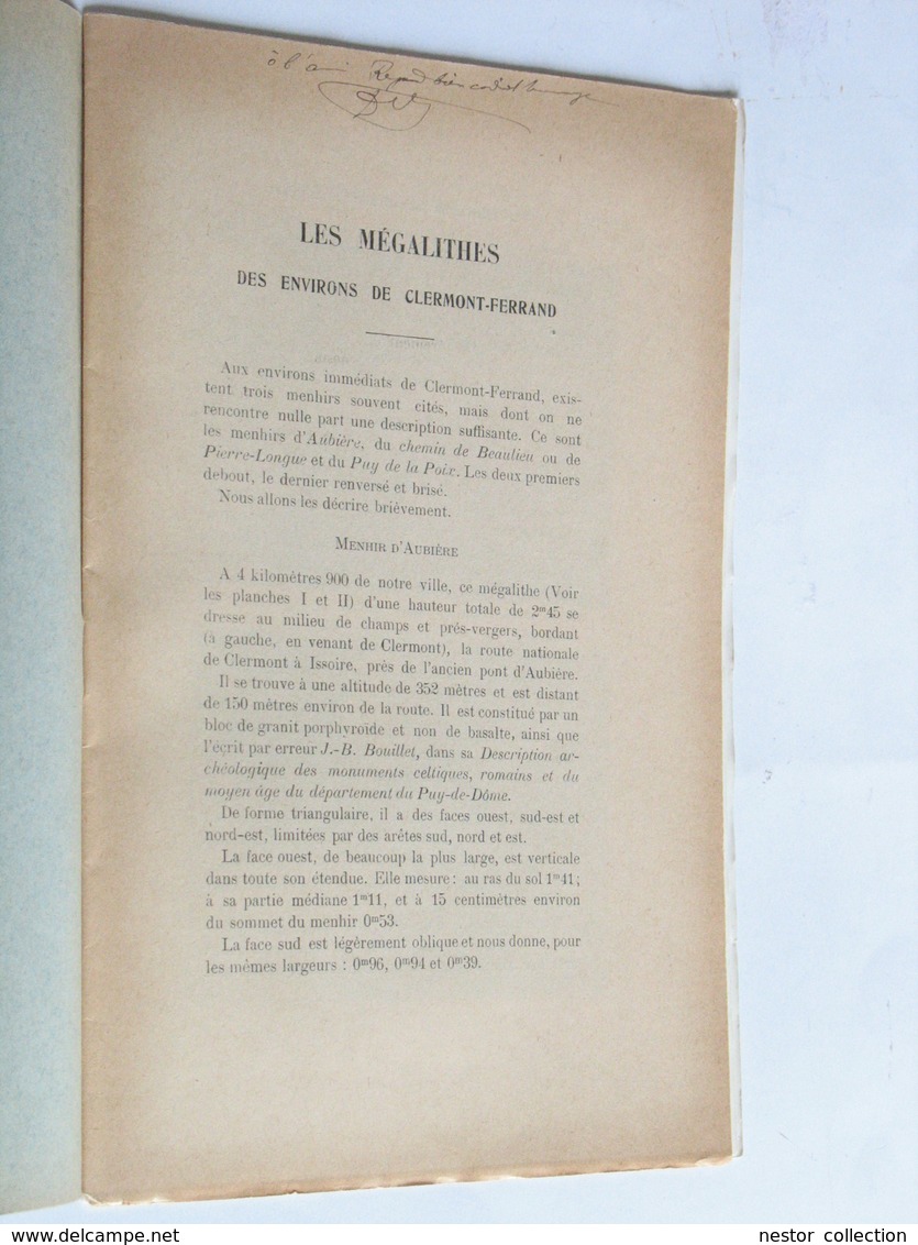 Mégalithes Environs De Clermont-Ferrand Docteur G Charvilhat Plaquette 1910 Dédicace Rare - 1901-1940