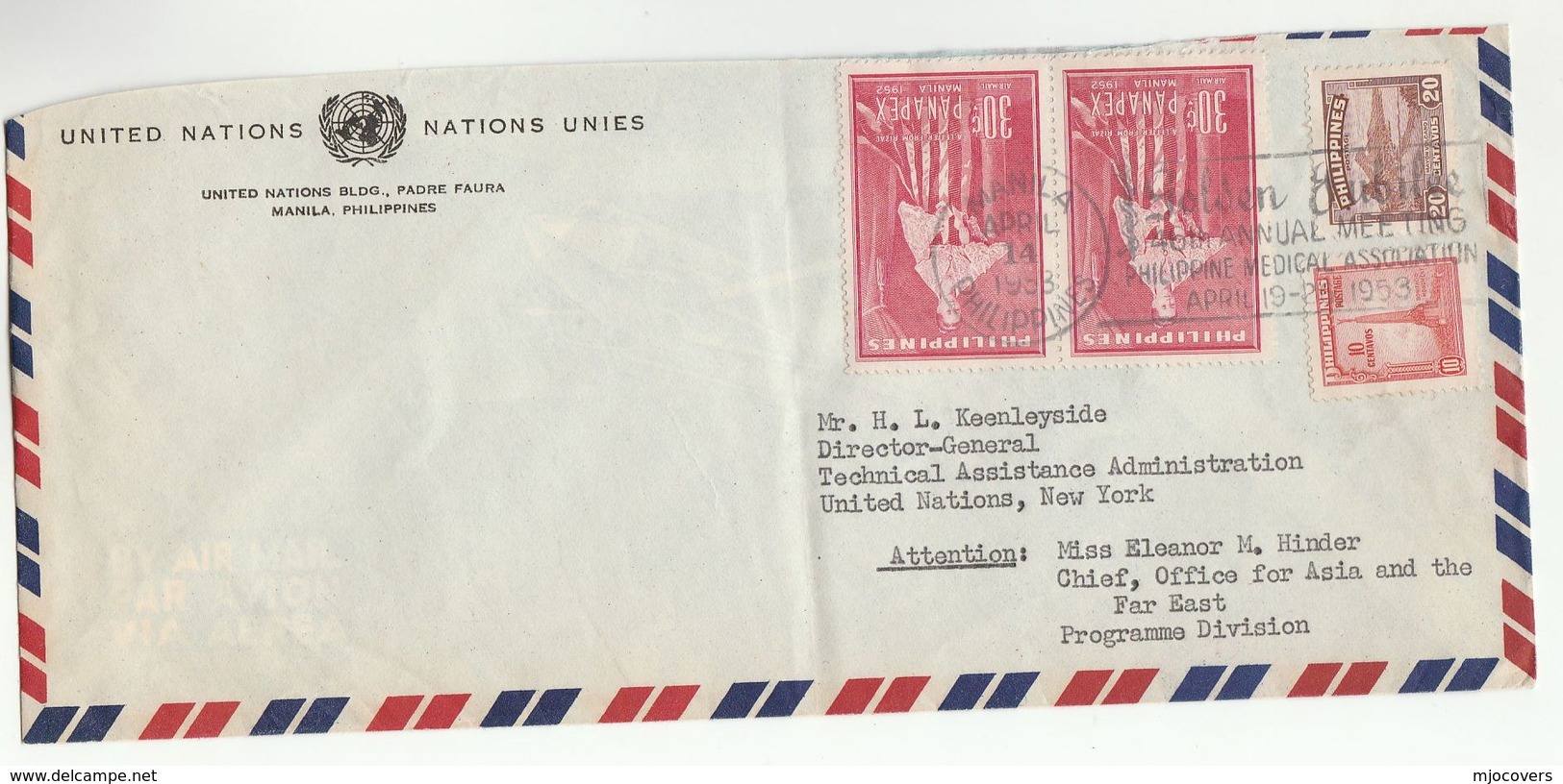 1953 UN In PHILIPPINES Airmail To UNITED NATIONS USA COVER Slogan MEDICAL ASSOC. MEETING Health Volcano Panapex Stamp - Filippijnen