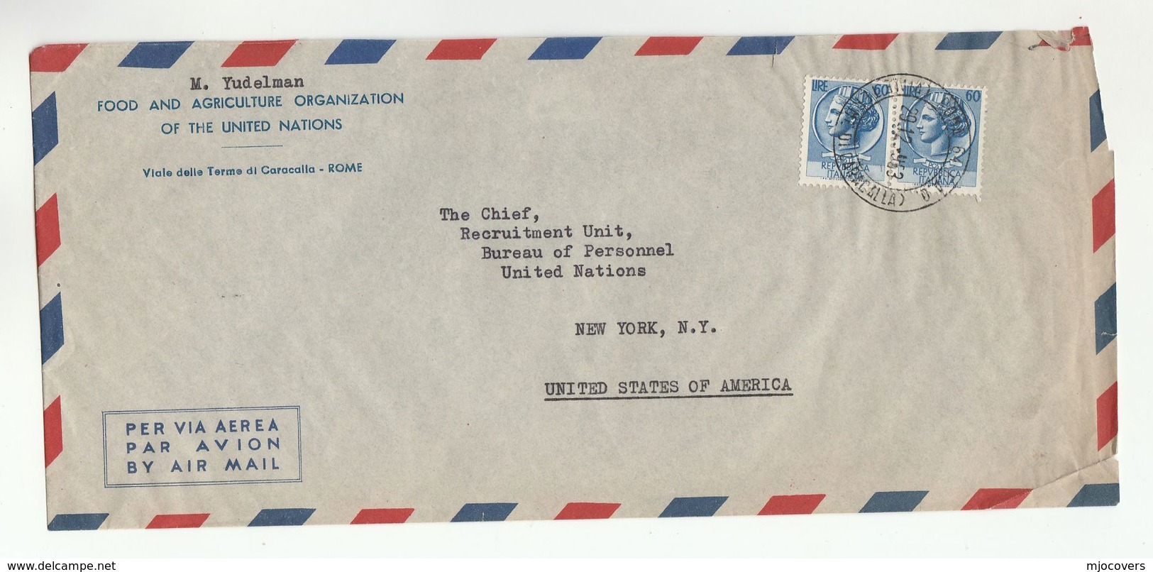 1953 UN FAO In ITALY Airmail COVER To UNITED NATIONS USA , Stamps - 1946-60: Marcophilia