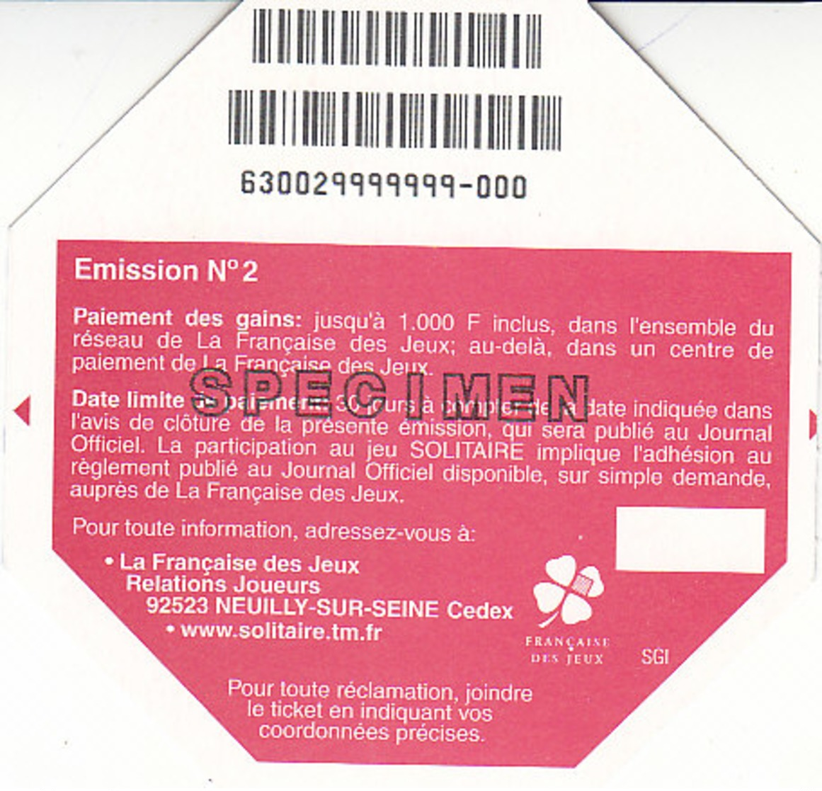 Ticket à Gratter Solitaire SPECIMEN,émission No 2,série 63002 , 2 Scans - Billets De Loterie