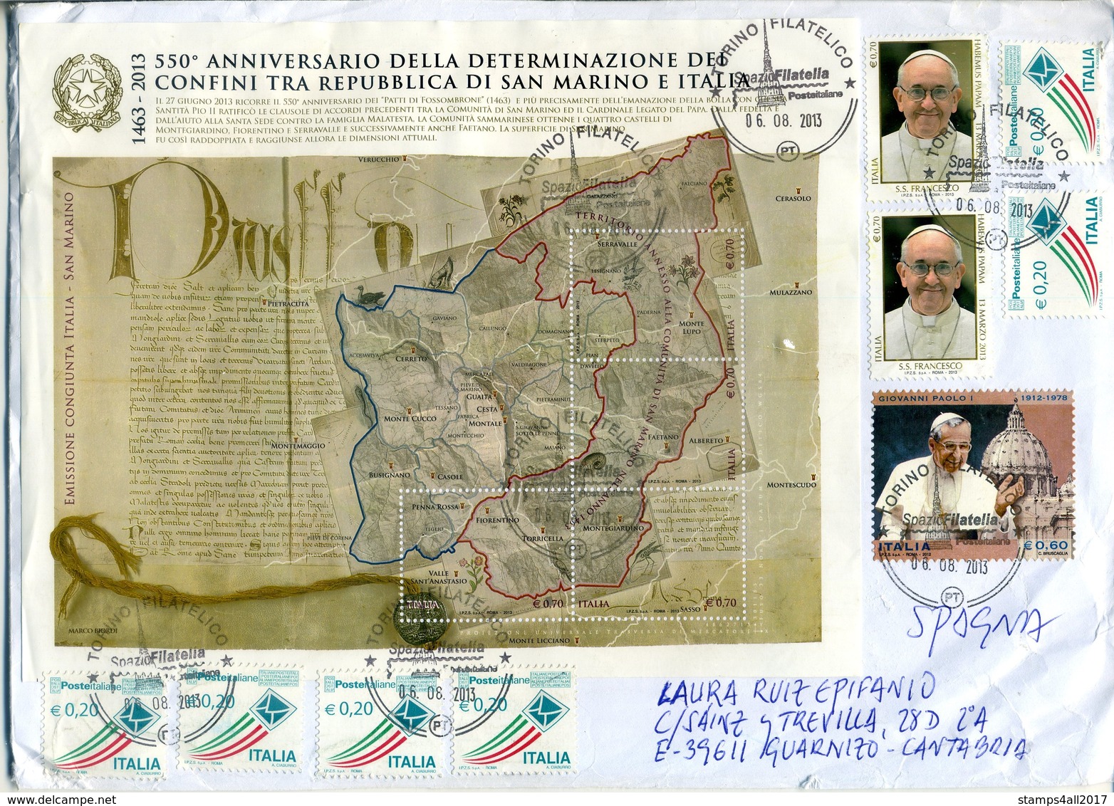 2013 ITALY. Circulated Letter With Cartography Map Of San Marino Block. Pope Francis And John Paul I. Cartografia - 2011-20: Oblitérés