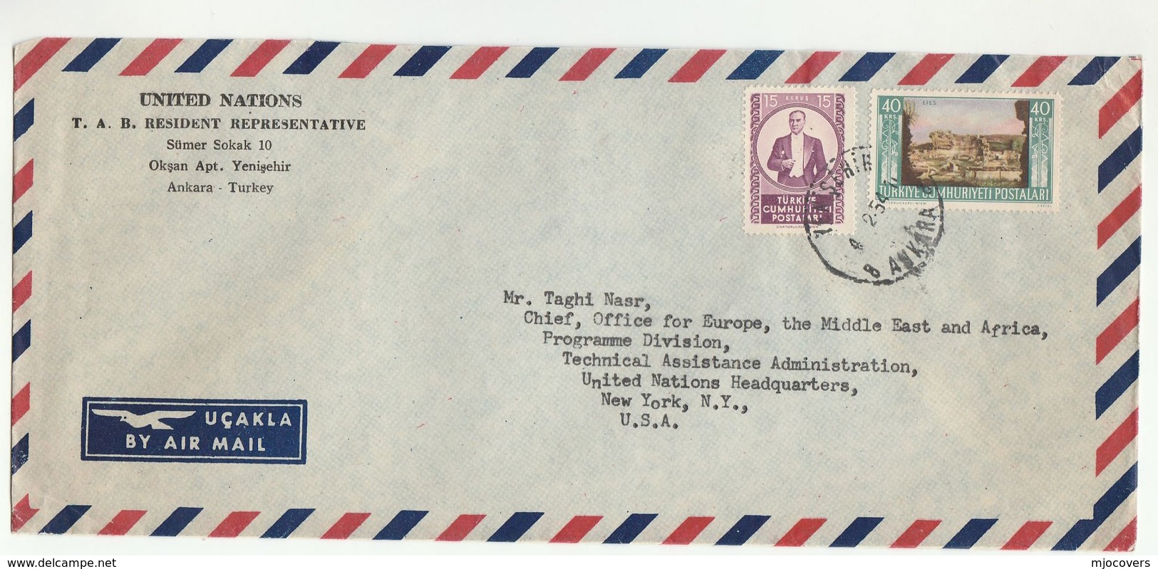 1954 UN In TURKEY Airmail COVER To  UN NY USA United Nations ,  Stamps - Covers & Documents