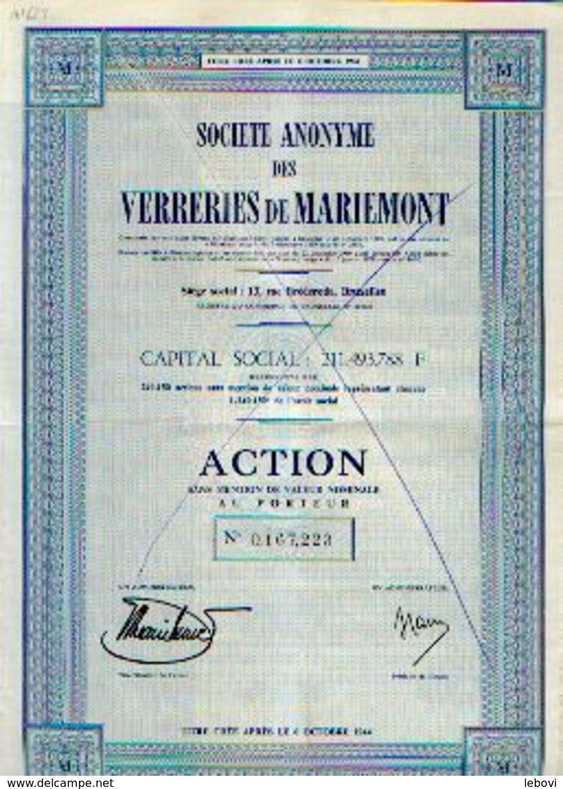 (BRUXELLES) « Verreries De Mariemont SA» - Capital : 211.493.788 Fr – Action Au Porteur - Industrie