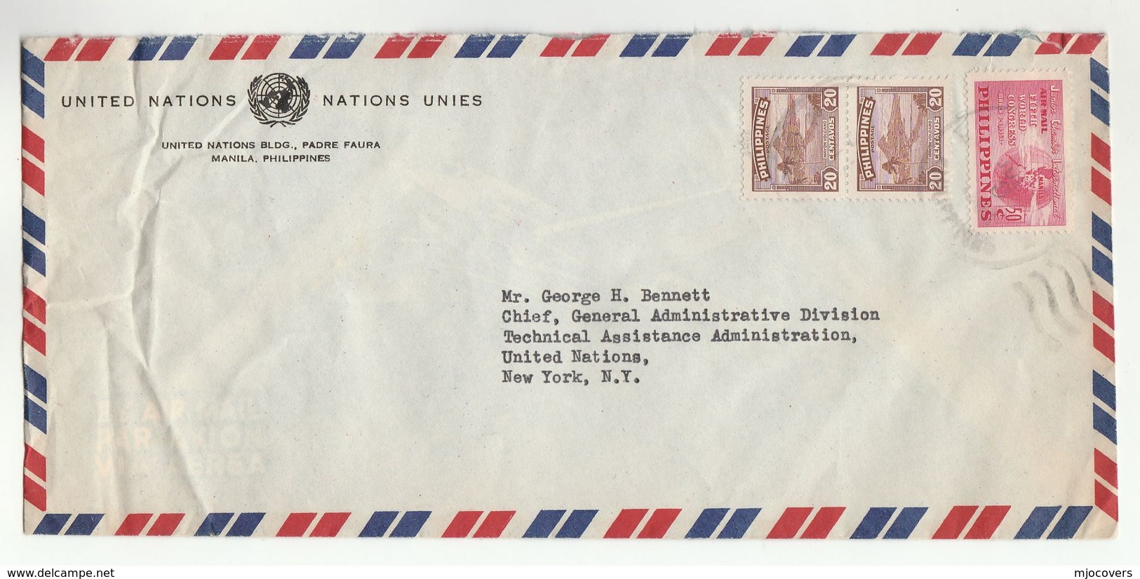 1950s UN In PHILIPPINES Airmail To UNITED NATIONS USA COVER Stamps Volcano Junior Chamber - UNO