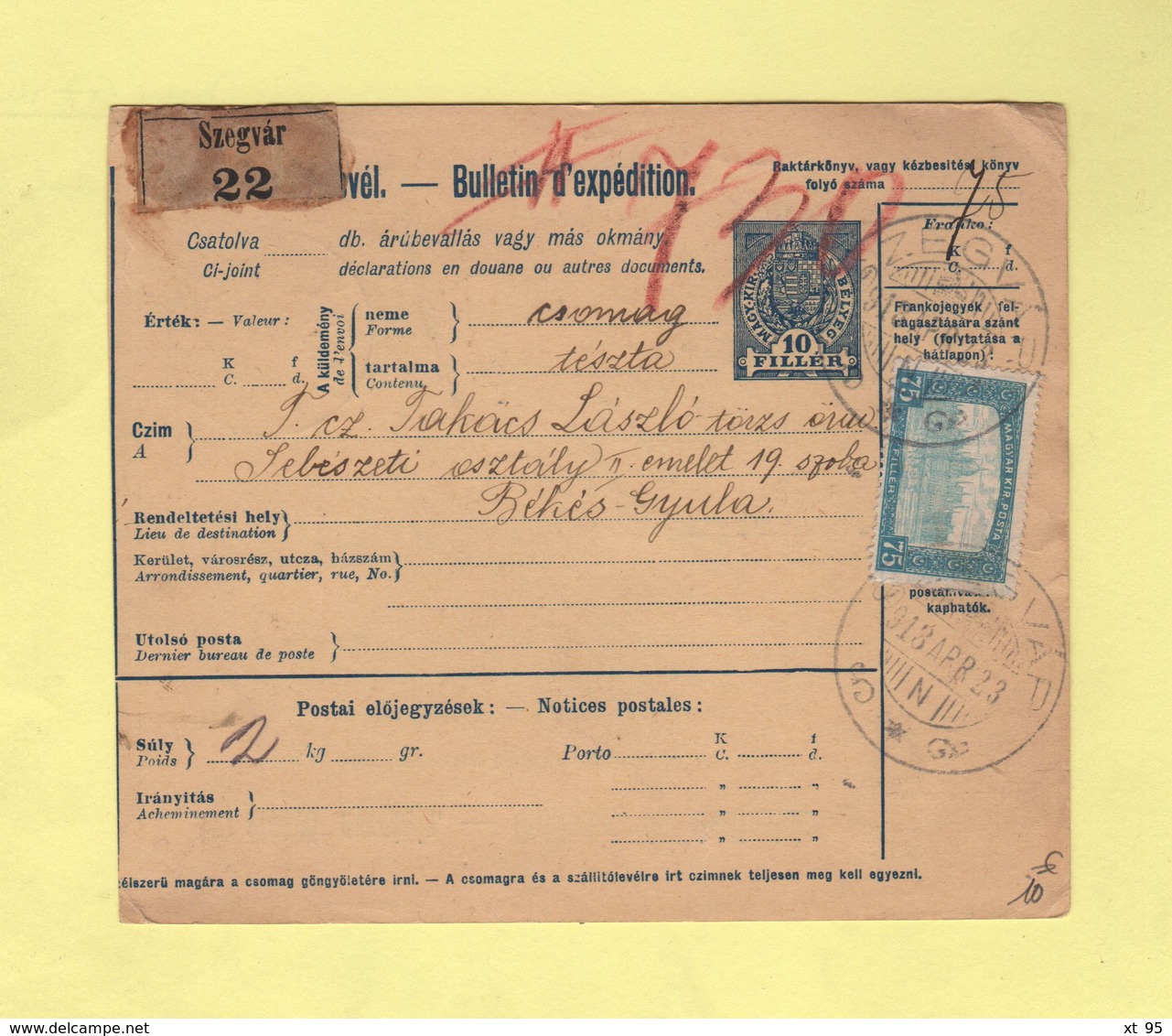 Hongrie - Szegvar - Bulletin De Colis Postal - 1918 - Paketmarken