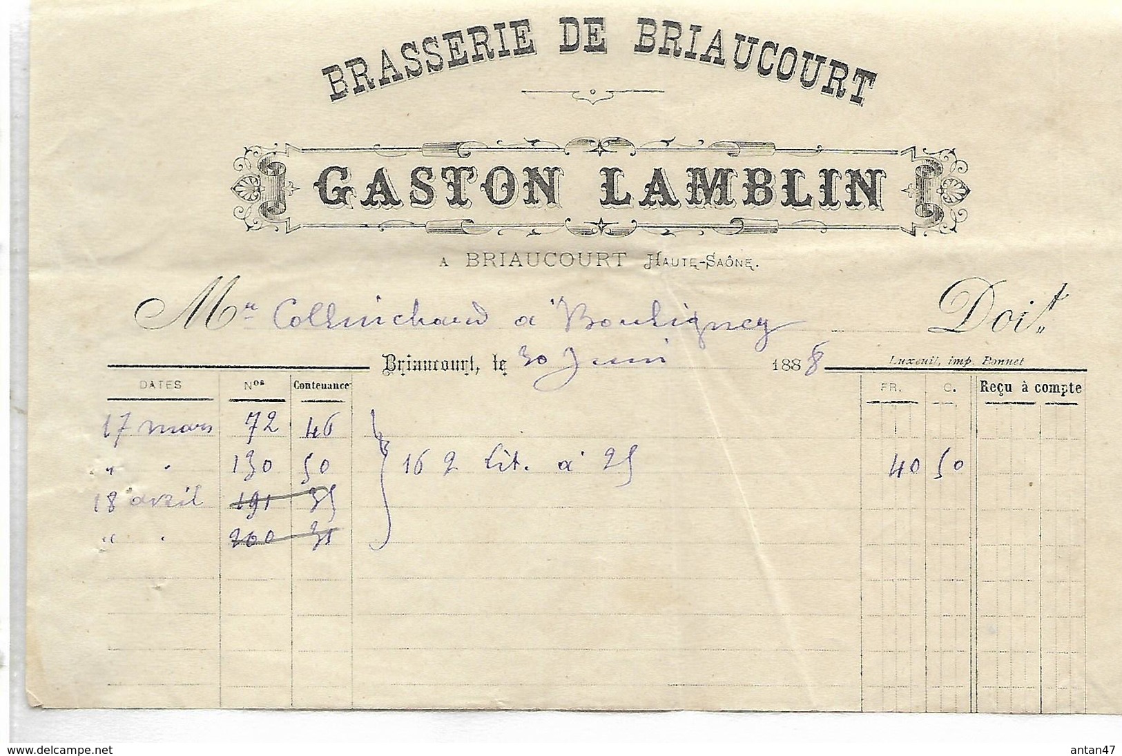 Facture 1/2 Format 1888 / Haute Saône / BRIAUCOURT / Gaston LAMBLIN / Brasserie - 1800 – 1899