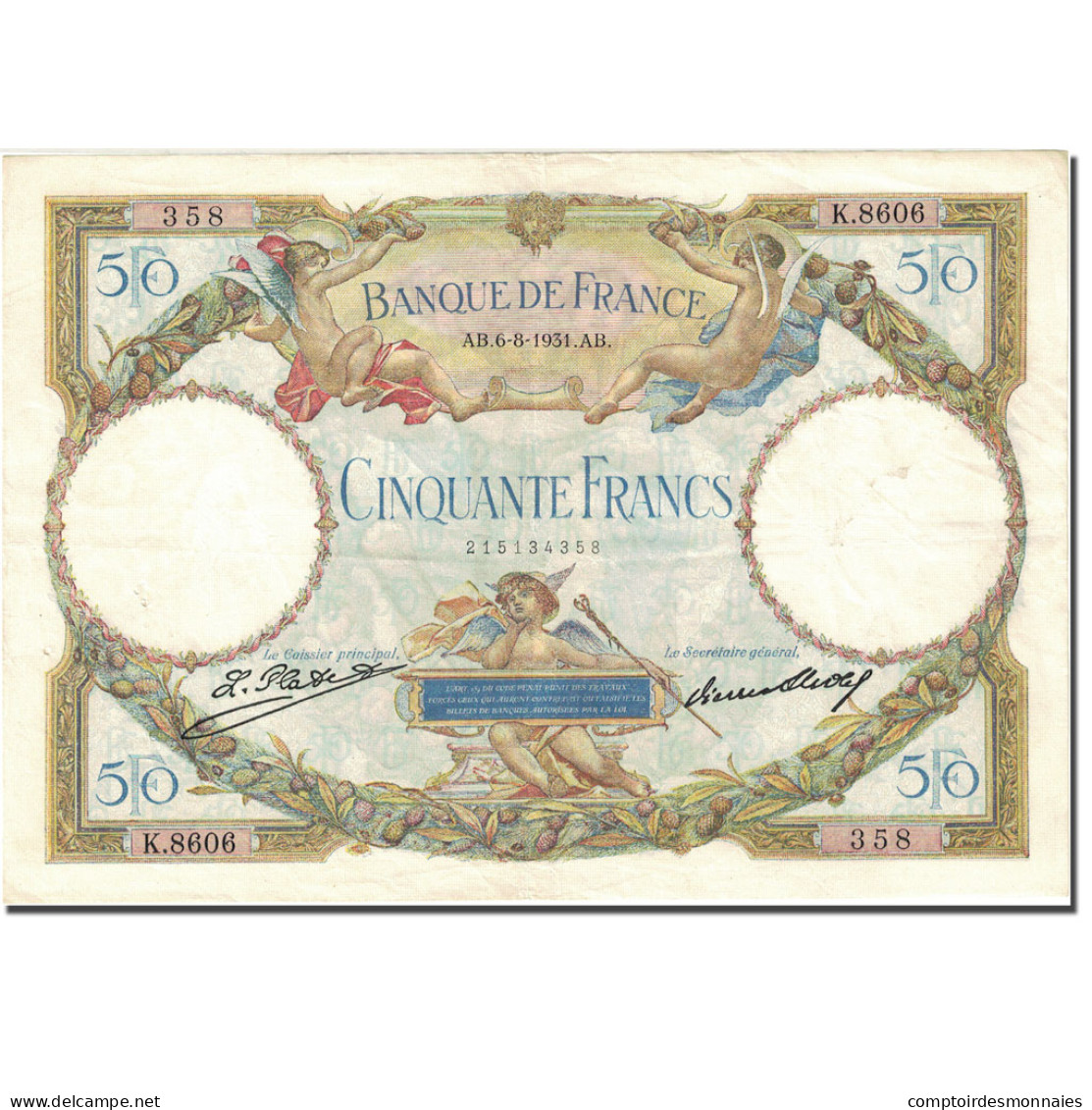 France, 50 Francs, 50 F 1927-1934 ''Luc Olivier Merson'' 1931-08-09 TTB KM:80a - 50 F 1927-1934 ''Luc Olivier Merson''