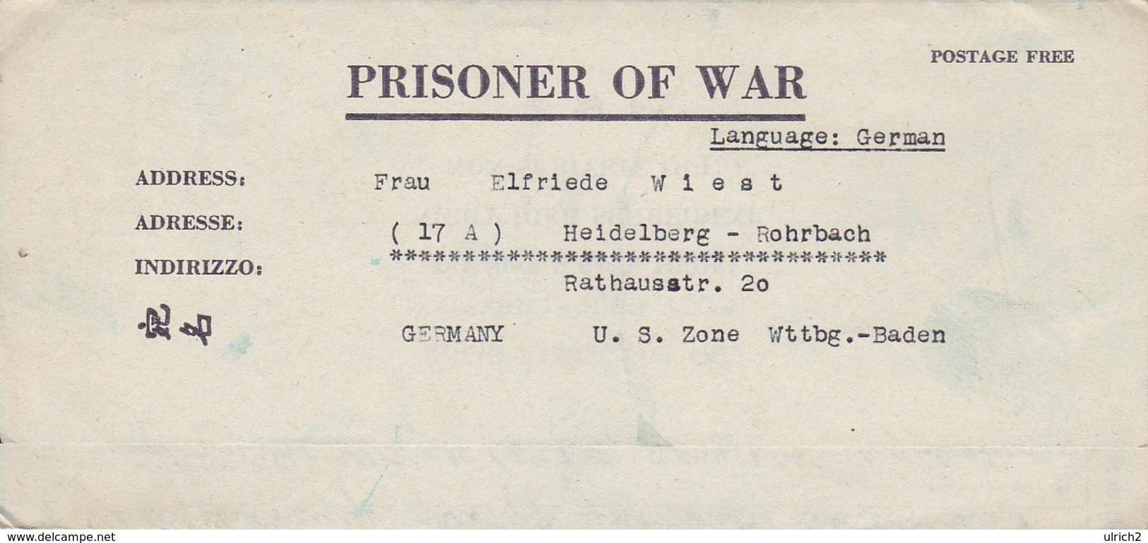 POW Kriegsgefangenenpost PWE 412 5th Lab. Supv. Area APO 21 Nach Heidelberg - 1946 (36182) - Briefe U. Dokumente