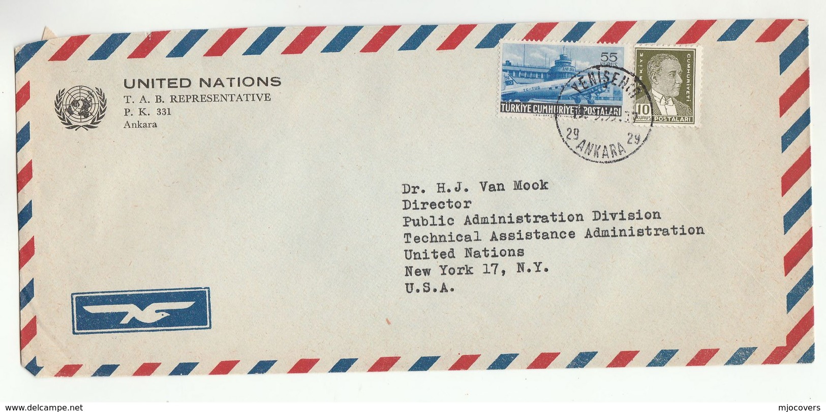 1955 UN TAB In TURKEY  To  UN NY USA United Nations  Aviation Cover Stamps - Briefe U. Dokumente