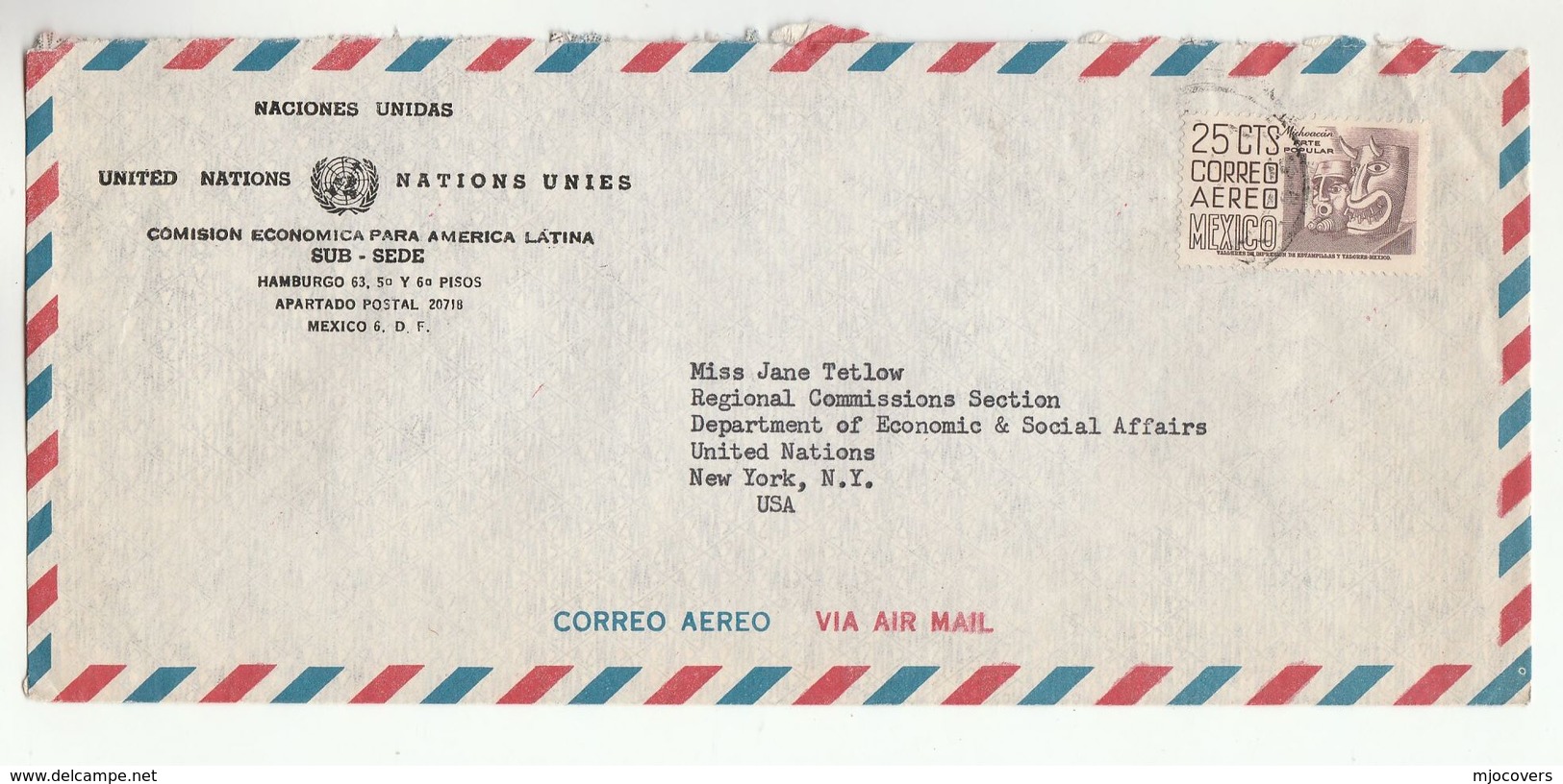 1950s UN In MEXICO Airmail COVER To  UN NY USA United Nations  Stamps - Mexico