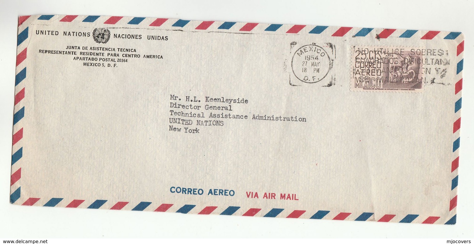 1954 UN In MEXICO Airmail COVER To  UN NY USA United Nations  Stamps - Mexico