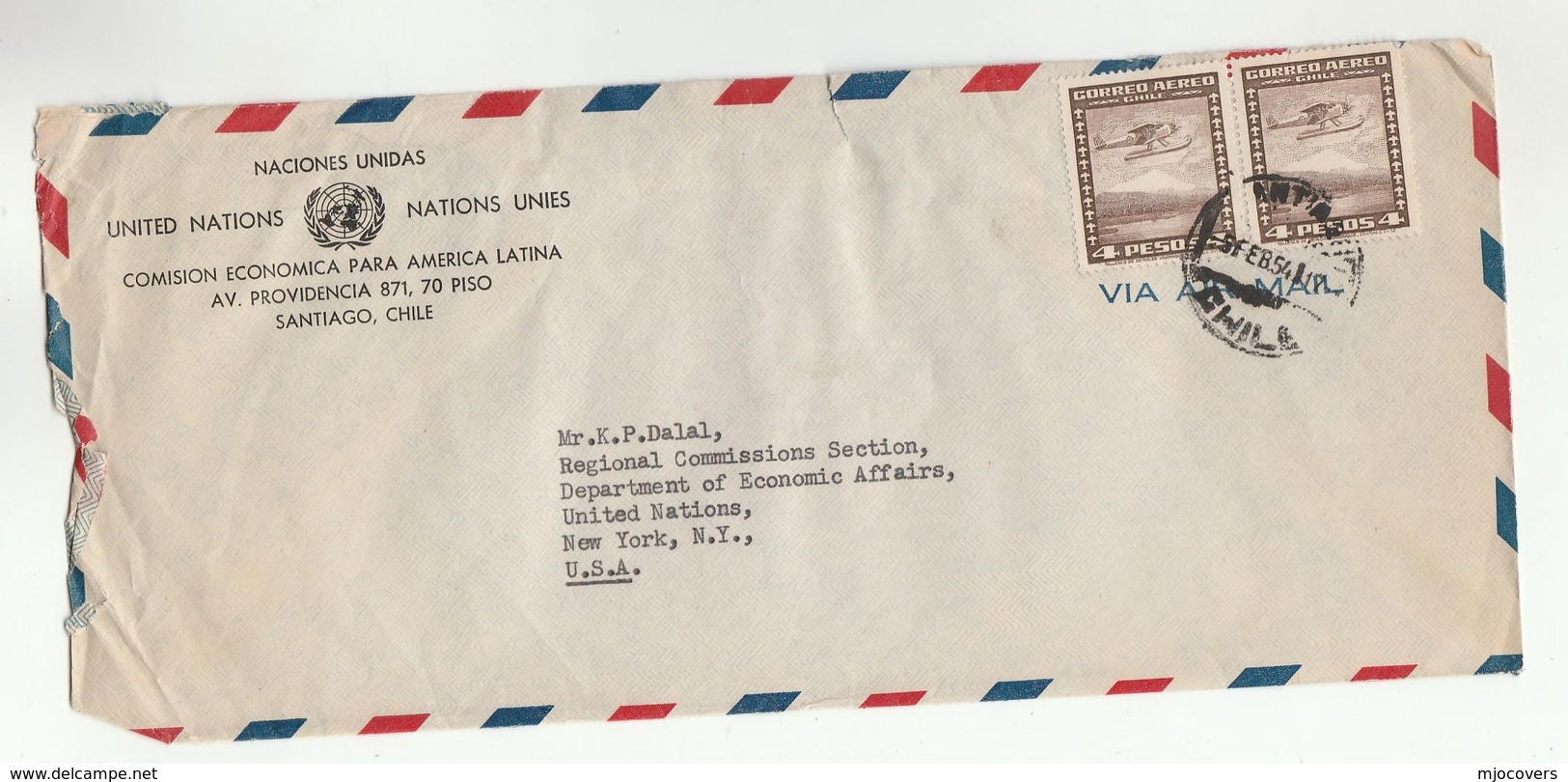 1954 UN CEPAL  In CHILE  To UN REGIONAL COMMISSIONS DEPT ECONOMIC NY United Nations Usa Cover Stamps - UNO