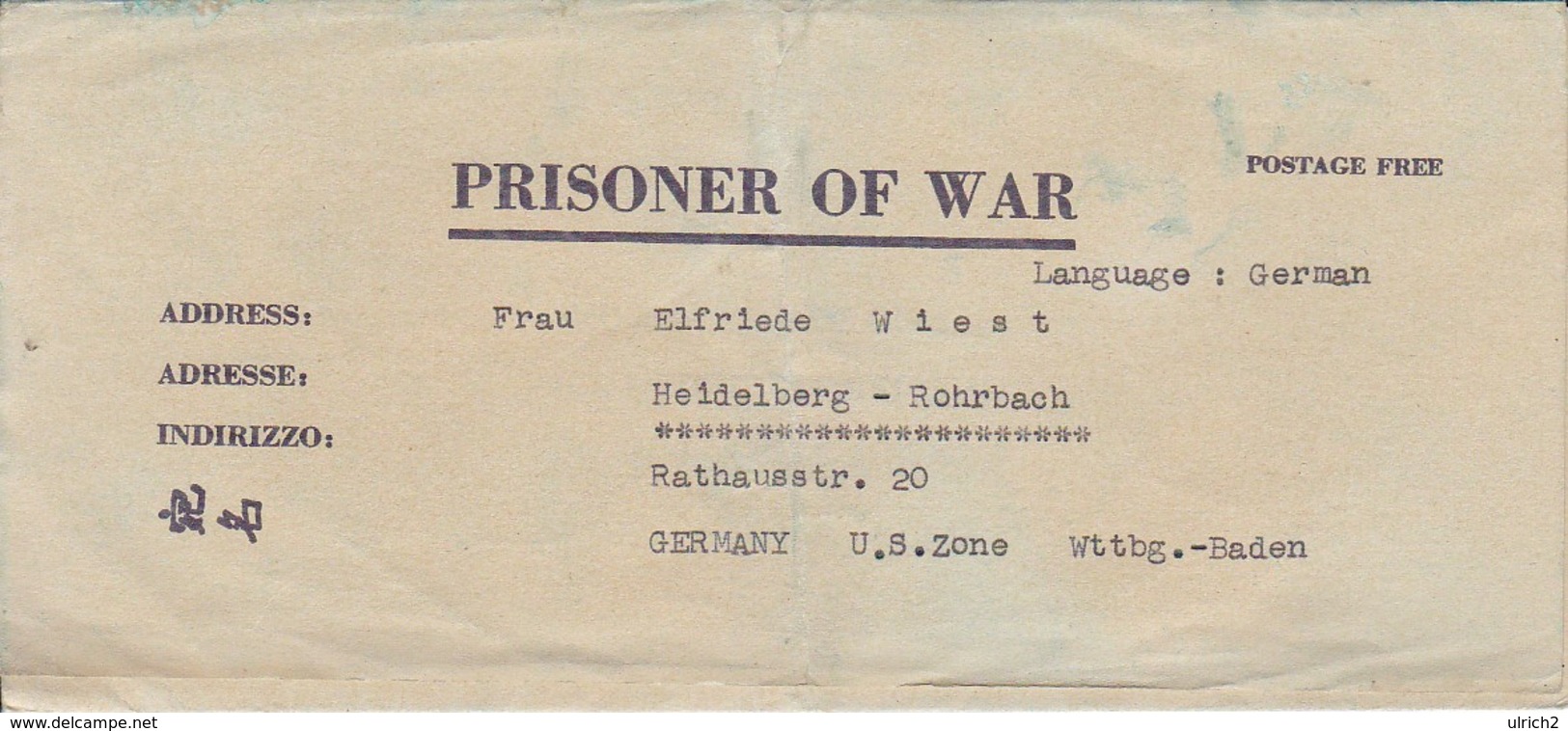 POW Kriegsgefangenenpost PWE 445 165th Lab. Supv. Center APO 21 Nach Heidelberg - 1946 (36193) - Briefe U. Dokumente