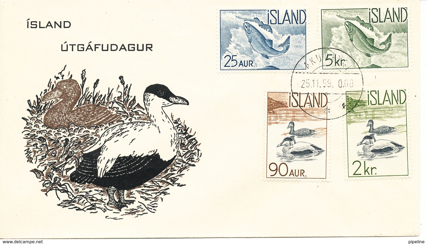 Iceland FDC 25-11-1959 Salmon And Eiders Complete Set Of 4 With Cachet - Schaken