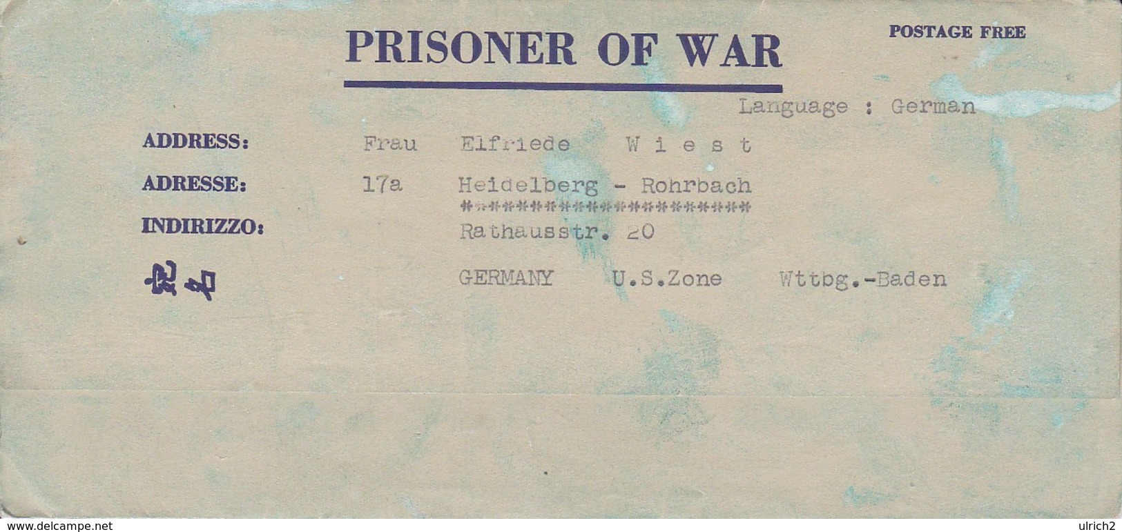 POW Kriegsgefangenenpost PWE 445 165th Lab. Supv. Center APO 21 Nach Heidelberg - 1946 (36196) - Briefe U. Dokumente