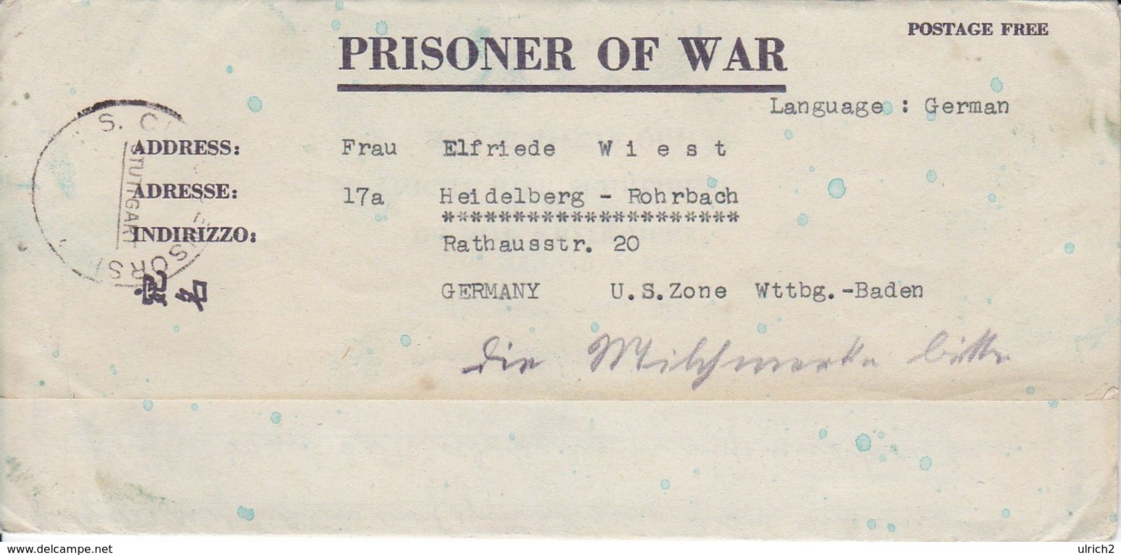 POW Kriegsgefangenenpost PWE 445 165th Lab. Supv. Center APO 21 Nach Heidelberg - 1946 (36197) - Briefe U. Dokumente