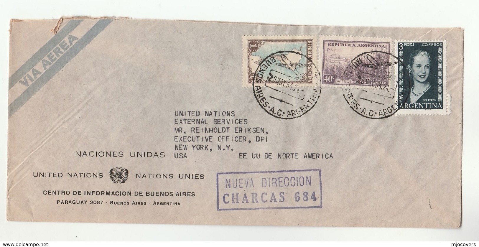 1954 UN In ARGENTINA Airmail COVER To  UN NY USA United Nations Aviation Stamps - Covers & Documents