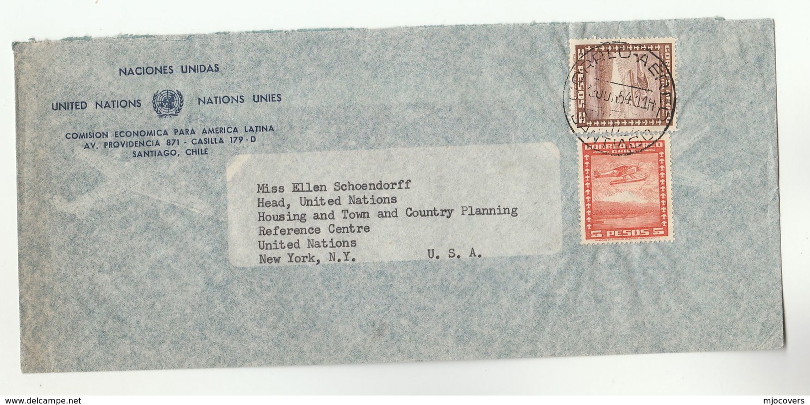 1954 UN In CHILE Airmail COVER To  UN HEAD Of HOUSING & TOWN PLANNING REF CENTRE NY USA United Nations  Stamps - Chile