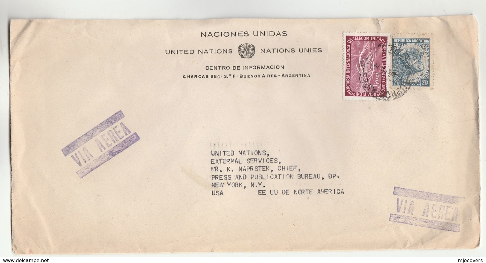 1950s UN In ARGENTINA Airmail COVER To  UN NY USA United Nations Telecom Stamps - Covers & Documents