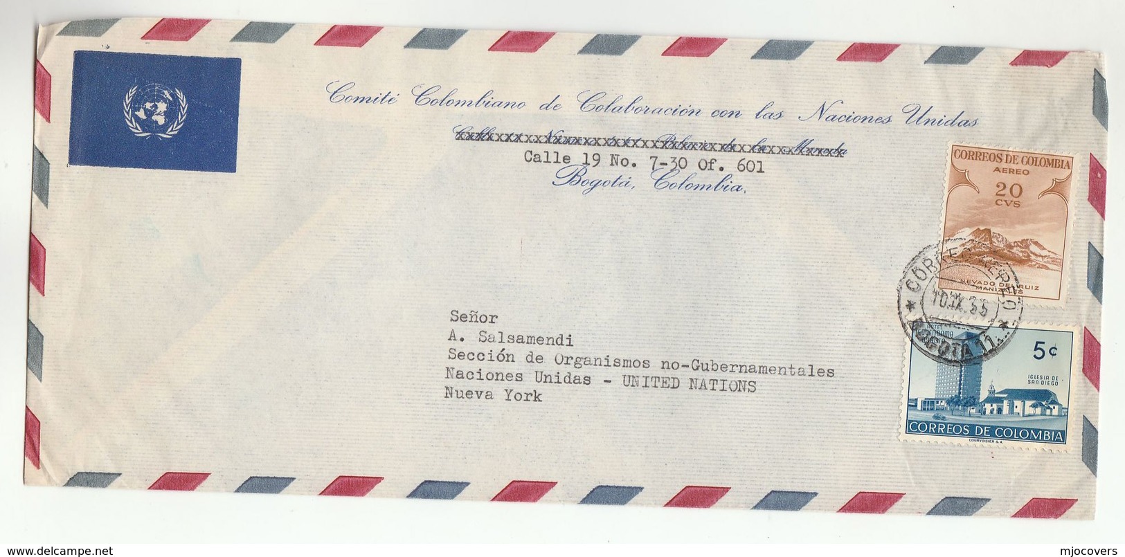 1955 UN In COLOMBIA COMMITTEE OF COLLABORATION WITH UNITED NATIONS Cover Airmail To  UN NY USA  Stamps - Colombia