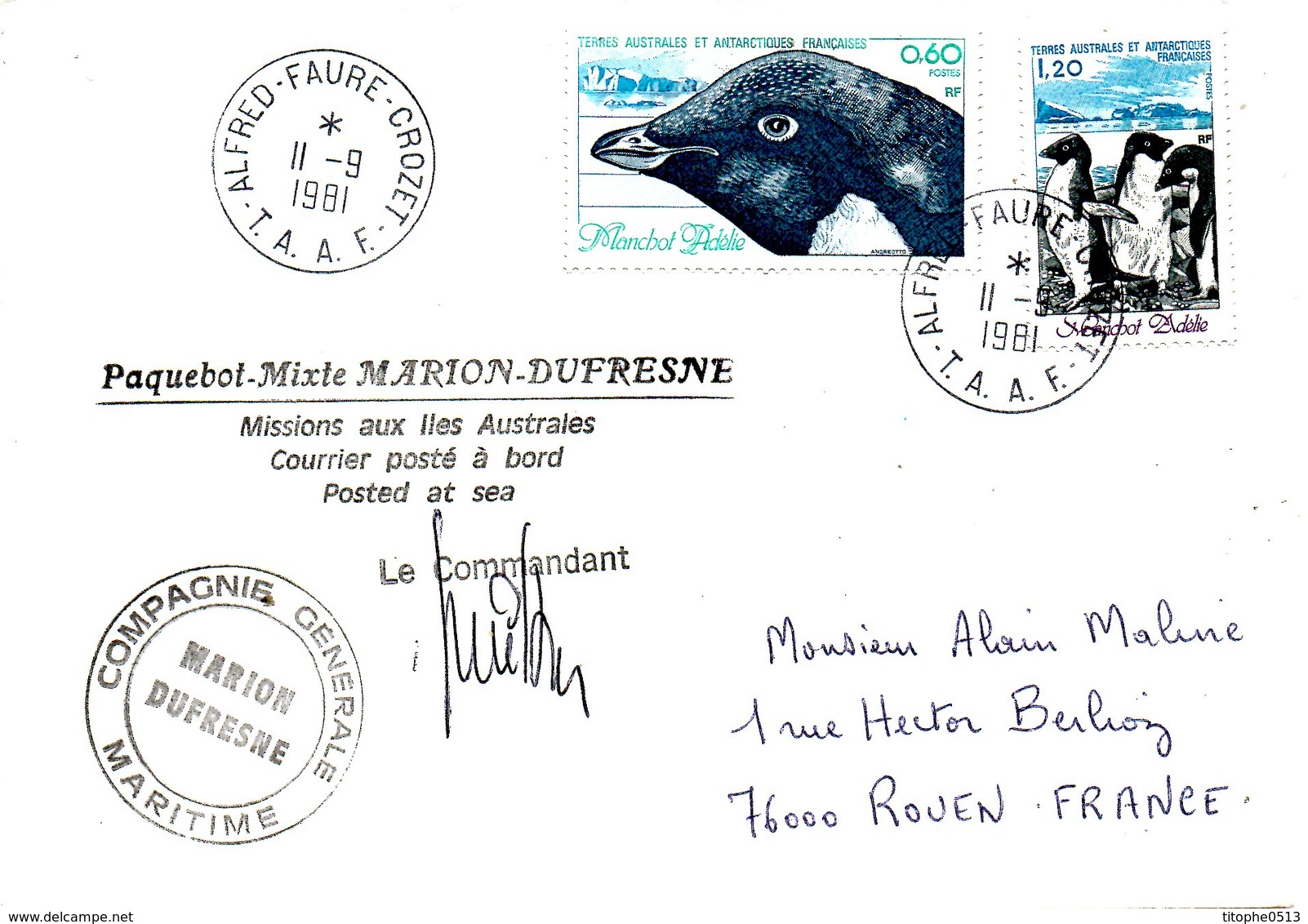 TAAF. N°87-8 De 1980 Sur Enveloppe Polaire De 1981. Manchot D'Adélie/Marion Dufresne. - Antarktischen Tierwelt
