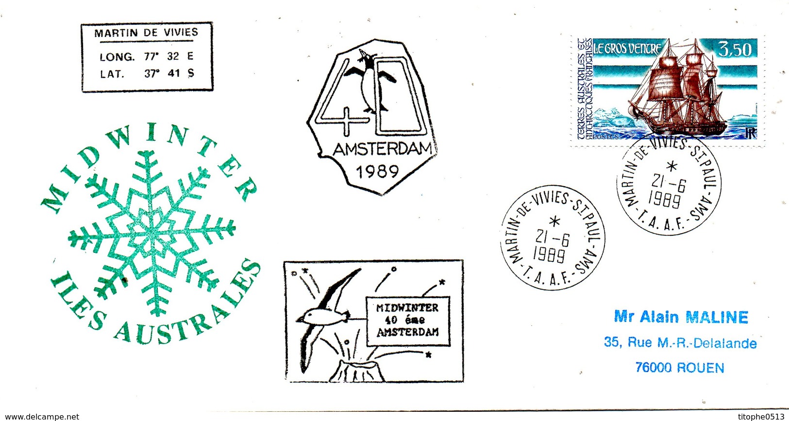 TAAF. Enveloppe Commémorative De 1989. Midwinter Sur L'île Amsterdam. - Midwinter