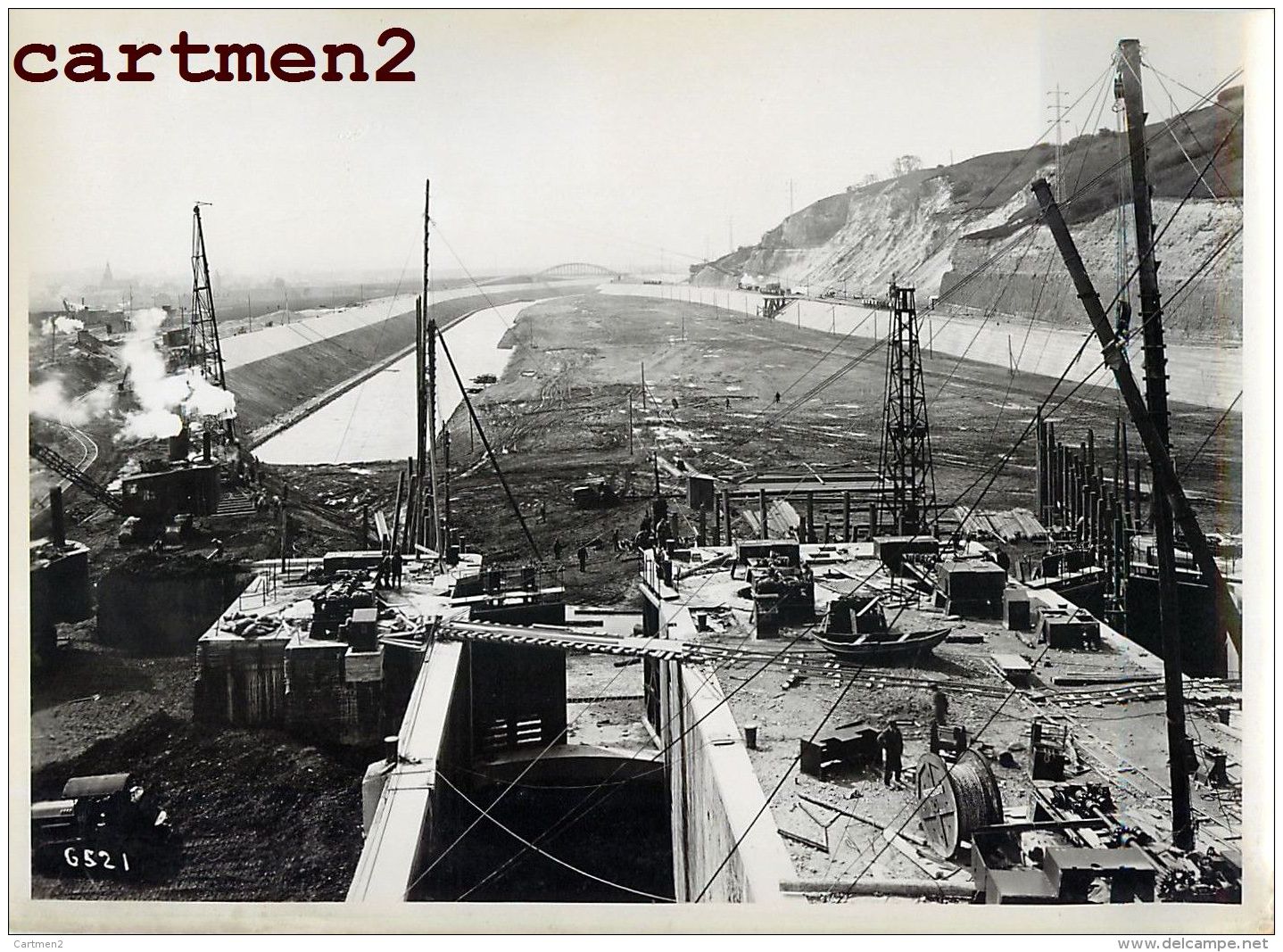 GRANDE PHOTO : LANAYE CARME MONSIN HACCOURT-VROENHOVEN MEUSE HEER CANAL ALBERT GRUE CHANTIER PENICHE BELGIQUE - Andere & Zonder Classificatie