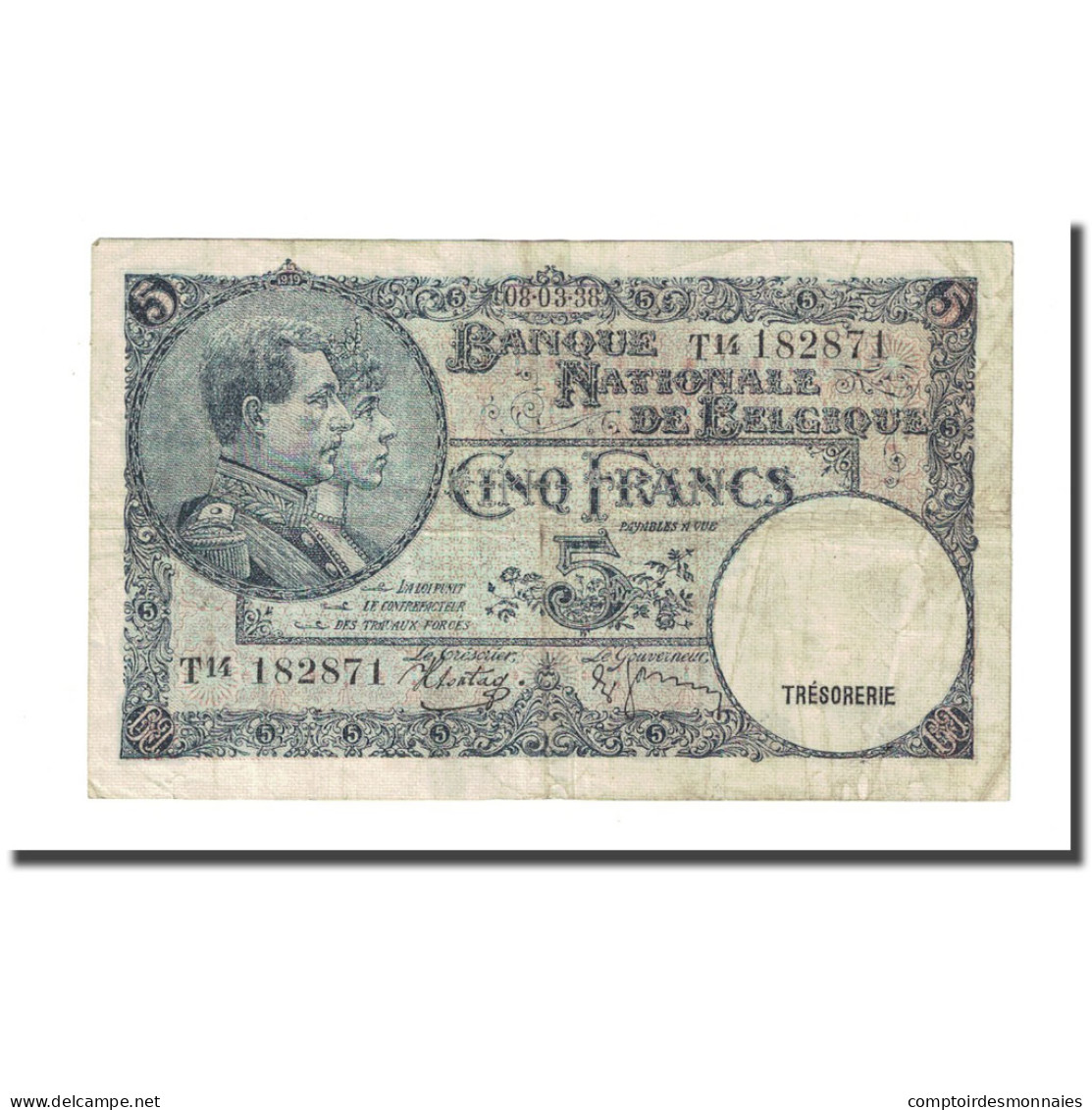 Billet, Belgique, 5 Francs, 1938-03-08, KM:108a, TB - 5 Francs