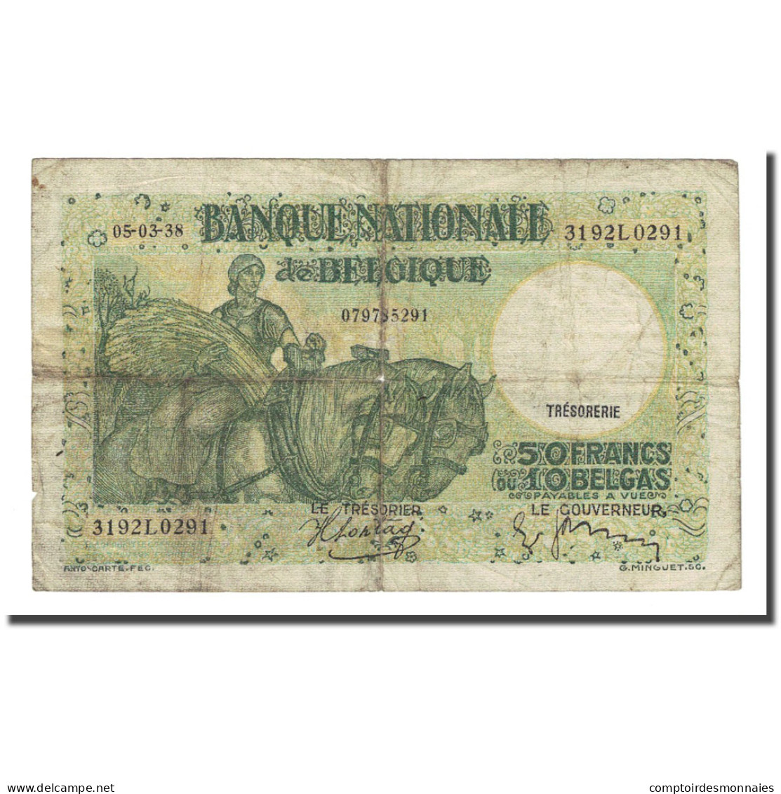 Billet, Belgique, 50 Francs-10 Belgas, 1938-03-05, KM:106, B+ - 50 Francos-10 Belgas