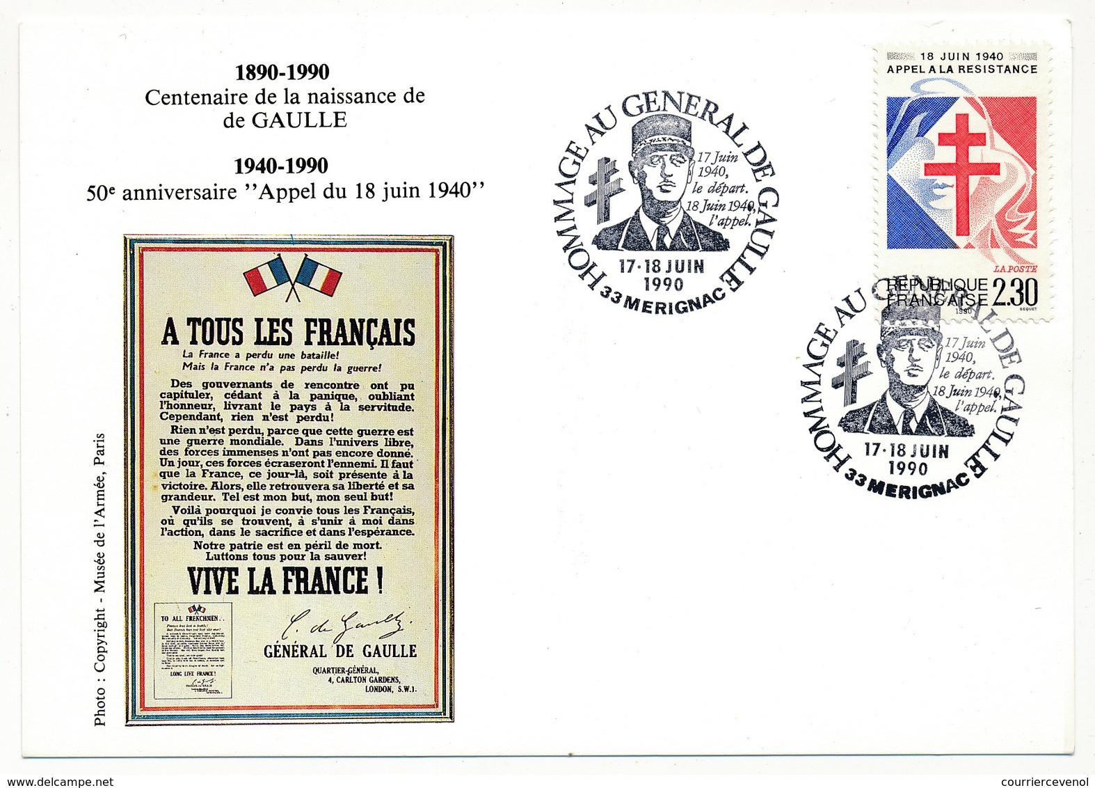 FRANCE => CP => Oblit. "Hommage Au Général De Gaulle - 33 MERIGNAC" S/ N°2656 2,30 Appel Résistance - De Gaulle (Generaal)