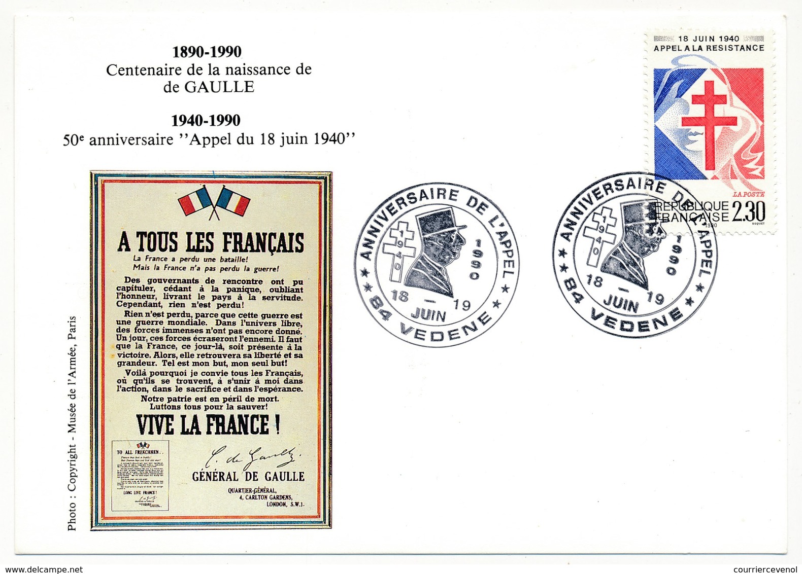 FRANCE => CP => Oblit. "ANNIVERSAIRE DE L'APPEL - 84 VEDENE" S/ N°2656 2,30 Appel Résistance - De Gaulle (General)